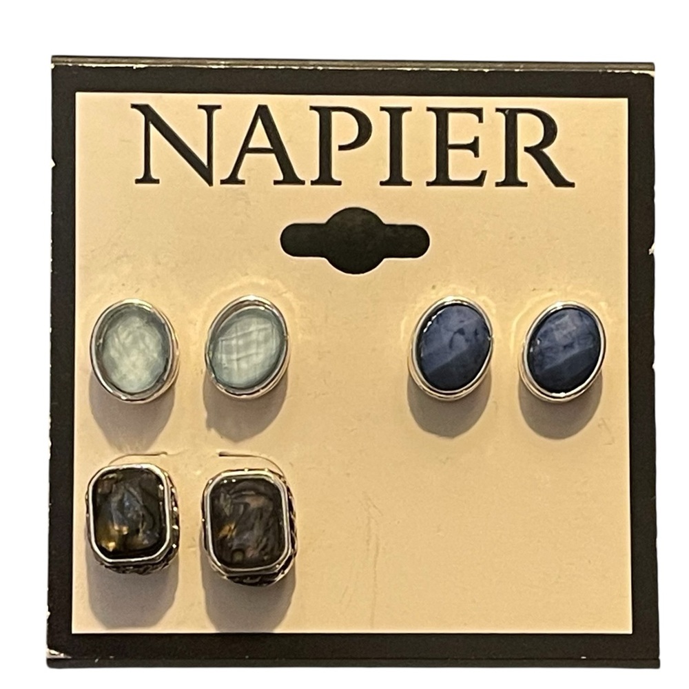 Napier 3 Pairs Of Silver‎ Tone Colored Faux Gem Stones Stud Earrings NWT